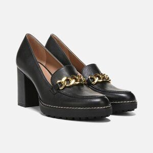 Naturalizer Black Heeled Loafers with Gold Chain